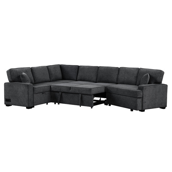 English Elm 126" L-shaped Sectional Sofa with Pull-Out Bed, Built-In USB Charging & Cup Holders, Chenille Upholstery Black+Blue N719S001530C