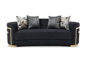 English Elm Soledad Curved Black Upholstered Sofa with Gold Chrome Accents, Deep 23" Seat, 3-Person Comfort B078S00631