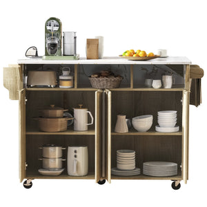 English Elm K&k Fluted Rolling Kitchen Island Faux Marble Top Power Outlet Storage Drawers Natural N707P353934Y