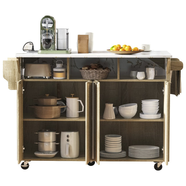 English Elm K&k Fluted Rolling Kitchen Island Faux Marble Top Power Outlet Storage Drawers Natural N707P353934Y