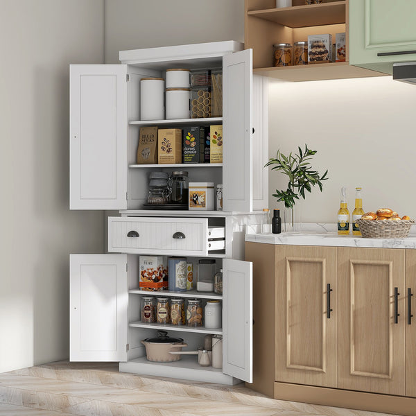English Elm Homcom 72" Farmhouse Kitchen Pantry Cabinet With Adjustable Shelves, Drawer & Magnetic Doors, White W2225S00043