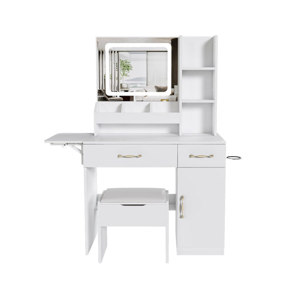 English Elm Vanity Desk with Led Mirror Touch Light Power Outlet Drawers and Storage Stool W2700P342538