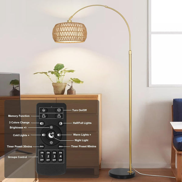English Elm Gold Boho Floor Lamp with Remote Dimmable LED, Dual Rattan & Fabric Shades, Adjustable Arc Light Brown+Black W2738P185418