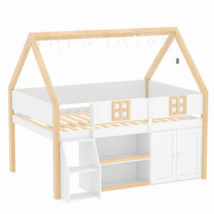 English Elm Twin-size Pine Low Loft Bed with House Canopy Step Stairs Storage Cabinet Led Lights N7090005033K