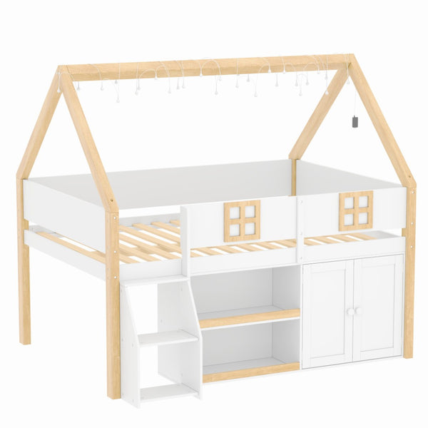English Elm Twin-size Pine Low Loft Bed with House Canopy Step Stairs Storage Cabinet Led Lights N7090005033K