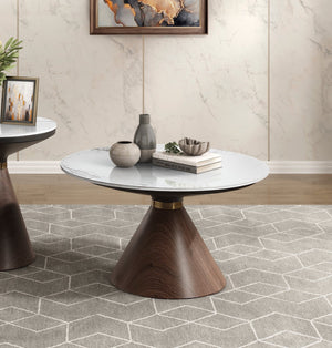 English Elm Luxury Greer Conical Cocktail Table with White Sintered Stone Top, Oak Base & Gold Stainless Band B011S00981