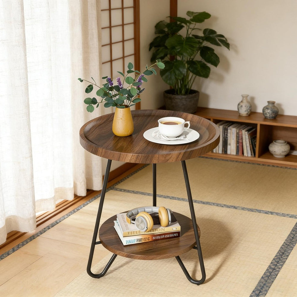 English Elm Chic Two-tier Round End Table with Metal Frame and Open Shelf for Living Room T3971P449208