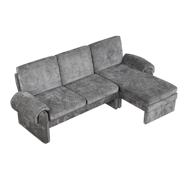 English Elm 94.1" Convertible Futon Sofa Bed L-Shaped Chenille Sleeper with Reversible Chaise, Adjustable Backrest and Pillows Gray N719S001770E