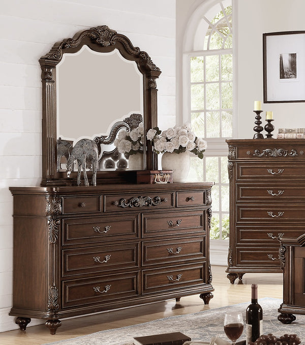 English Elm Traditional Antique Cherry/Walnut Dresser with Mirror, 9 Drawers, Carved Floral Accents, Metal Hardware and Bun Feet B011S01151