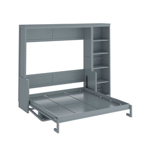 English Elm Queen Size Murphy Bed With Integrated Desk & Bookshelf – Stylish Gray Space-Saving Solution! N7090004016E-GIGA