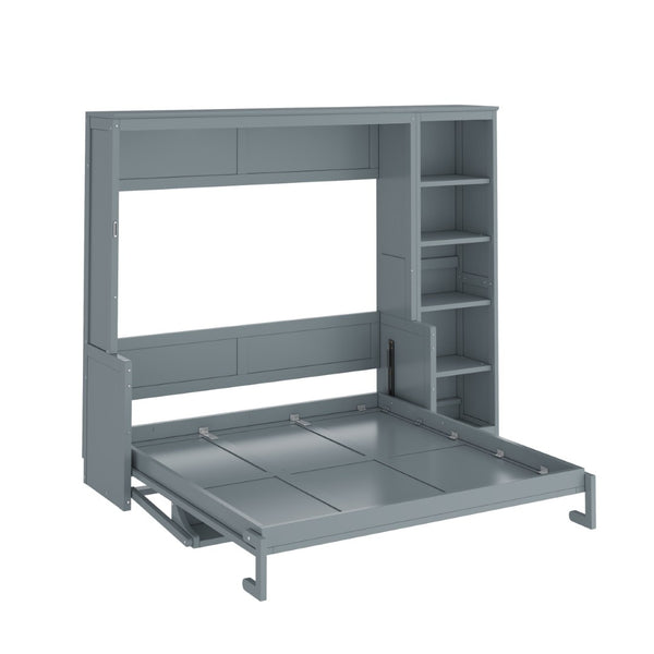 English Elm Queen Size Murphy Bed With Integrated Desk & Bookshelf – Stylish Gray Space-Saving Solution! N7090004016E-GIGA