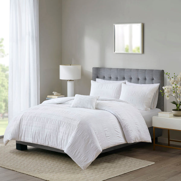 JLA Home Madison Park - 4 Cotton Seersucker Duvet Cover Set White Striped Texture Breathable Lightweight Year-Round Comfort 92 L x 104 W x 0.13H MP12-4397
