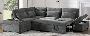 English Elm [video]107'' Chenille Sleeper Sectional with Usb Charging Storage Ottoman and Adjustable Armrest Gray N723S8782E