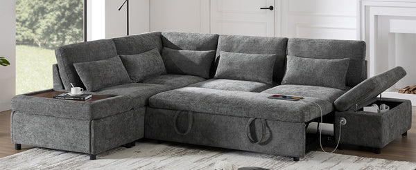 English Elm [video]107'' Chenille Sleeper Sectional with Usb Charging Storage Ottoman and Adjustable Armrest Gray N723S8782E