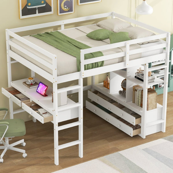 English Elm Full Size Loft Bed Pine Wood Frame with Desk Four Drawers and Shelves in White SM000320AAK-1