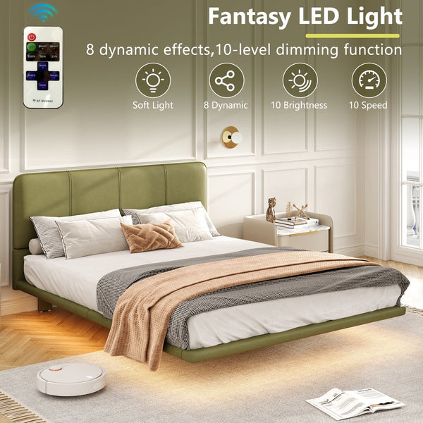 English Elm Christopher Knight Home® - Floating Bed Frame Modern PU Leather Platform Full Size with Under-Bed LED Lights, Durable, Easy Assemble Green 56.5 L x 21 W x 7 H N761P206085G