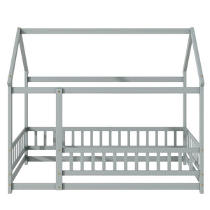 English Elm Twin Floor Wooden House Bed With Roof Frame & Guardrails - Cozy Grey Design For Kids' Rooms W504P286402-GIGA