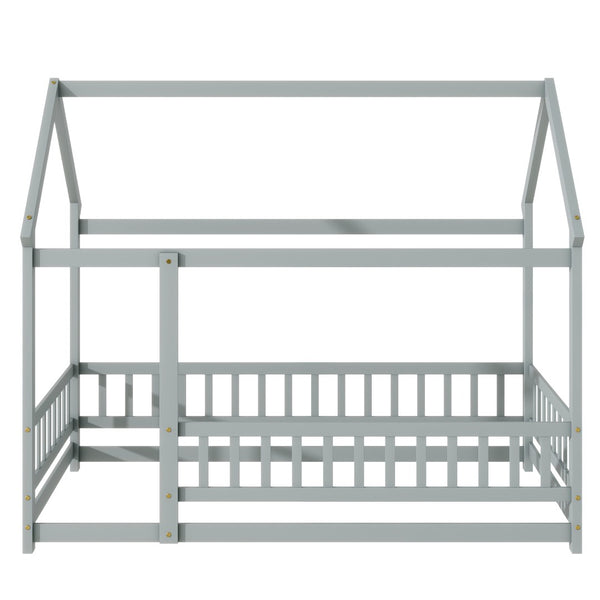 English Elm Twin Floor Wooden House Bed With Roof Frame & Guardrails - Cozy Grey Design For Kids' Rooms W504P286402-GIGA