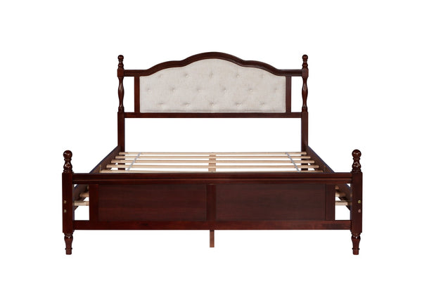 English Elm Queen Pine Wood Bed Upholstered Headboard Panel Footboard Classic Cherry Finish W504P181801