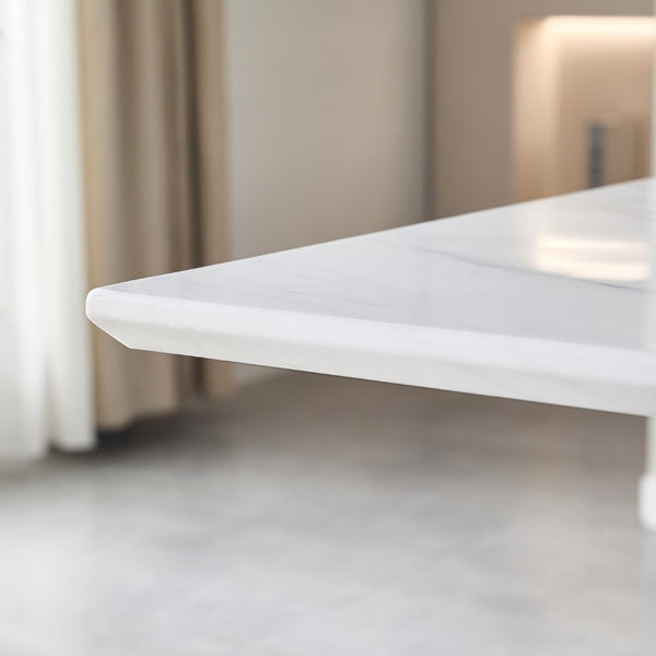 English Elm 69.30 Inch Rectangular Dining Table Marble Pattern Top with Polished Steel Legs Seats Six W3357S00003