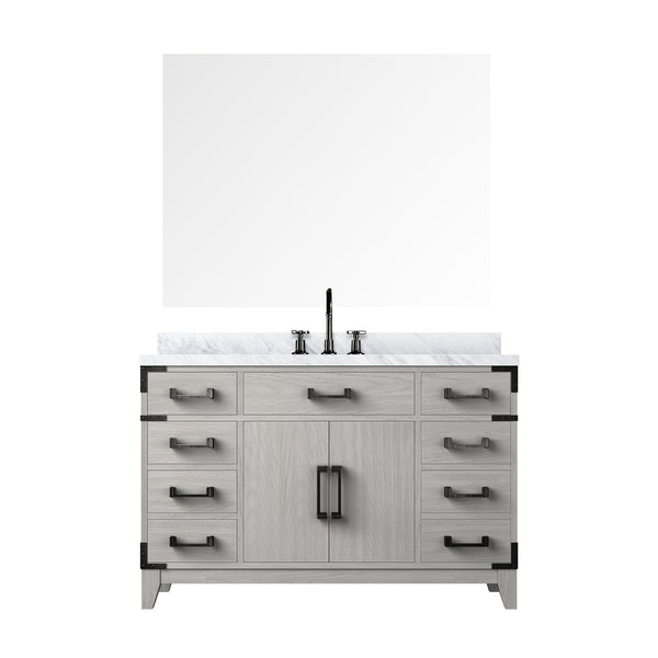 English Elm White Oak Single Bath Vanity 48" W x 22" D with Polished Carrara Marble Top, Chrome Faucet & 46" Mirror B2731S02017