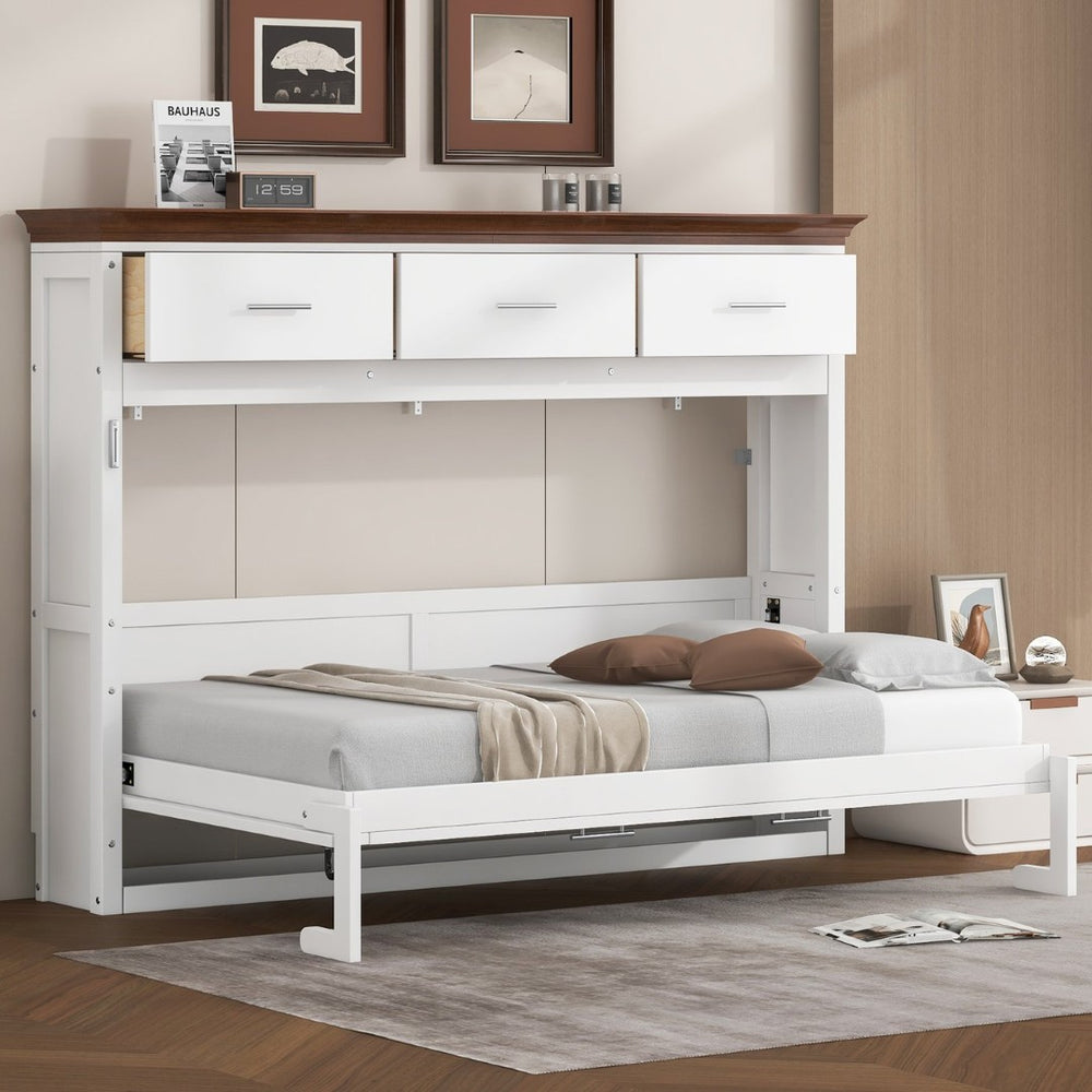 English Elm Twin Size Murphy Bed With 3 Drawers – Space-Saving Design For Small Rooms, Stylish White Finish N7090004021K-GIGA