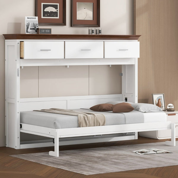 English Elm Twin Size Murphy Bed With 3 Drawers – Space-Saving Design For Small Rooms, Stylish White Finish N7090004021K-GIGA