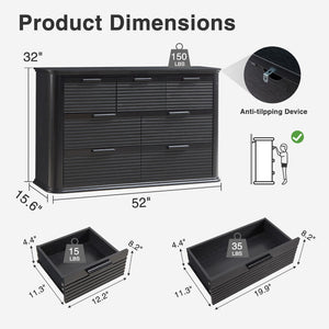 English Elm Fluted Wave Panel 7 Drawer Mdf Dresser Modern Bedroom Storage with Tv Stand Top Black Woodgrain T5326P425095