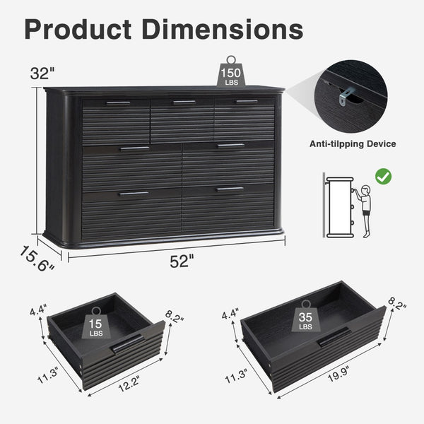 English Elm Fluted Wave Panel 7 Drawer Mdf Dresser Modern Bedroom Storage with Tv Stand Top Black Woodgrain T5326P425095