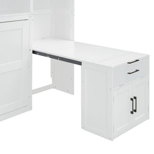 English Elm Twin Murphy Wall Bed with Integrated Closet Drawers and Desk for Studio Spaces White LP000595AAK-2