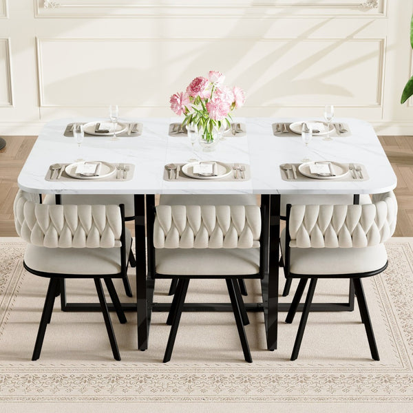 English Elm 7-piece Dining Set Tufted Velvet Chairs Melamine Table Modern Farmhouse Kitchen Beige,White W3875S00117