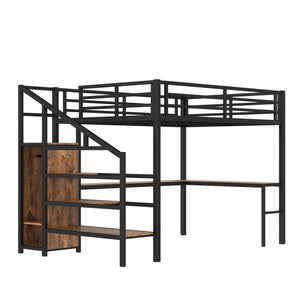 English Elm Queen Size Loft Bed With L-Shaped Desk, Usb Ports & Led Light - Modern Metal Frame For Stylish Spaces W1580S00180-GIGA