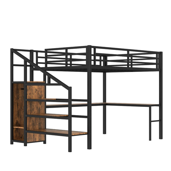 English Elm Queen Size Loft Bed With L-Shaped Desk, Usb Ports & Led Light - Modern Metal Frame For Stylish Spaces W1580S00180-GIGA