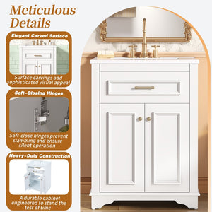 English Elm 24" Matte Single Sink Vanity Solid Poplar Frame Gold Hardware Soft Close Cabinet White N710P389449K