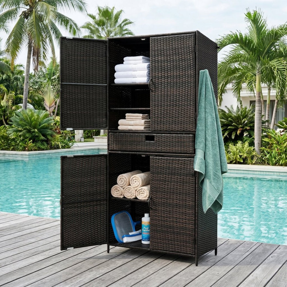English Elm K&k Tall Arched Pe Rattan Outdoor Storage Cabinet with Adjustable Shelves and Steel Frame Brown+Black N707P420102D