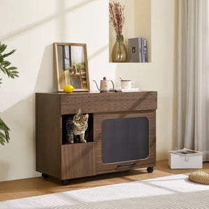 English Elm 2 IN 1 Multi-use Cat Litter Box Enclosure Walnut Side Table with Storage, Mid-Century Modern Buffet Cabinet, Flip-Up Door, Rollers, Large Capacity — 35.5"L x16.3"W x27.2"H N843P254845W