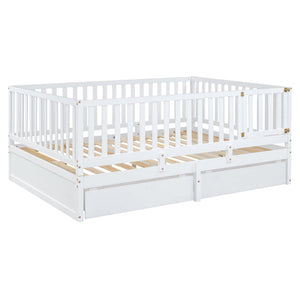 English Elm Full Size Pinewood Kids Daybed with Fence Rails Split Floor Bed and Storage Drawers White LP100882AAK
