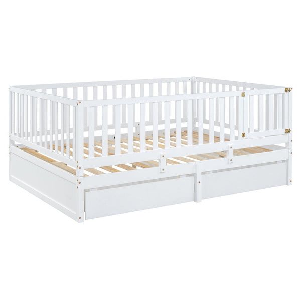 English Elm Full Size Pinewood Kids Daybed with Fence Rails Split Floor Bed and Storage Drawers White LP100882AAK