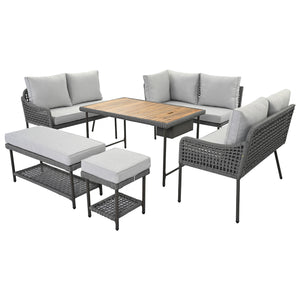 English Elm K&K 6-Piece Rope Patio L-Shaped Sectional Set with Acacia Wood Ice Box Table and Deep Cushions Grey N707S000014G