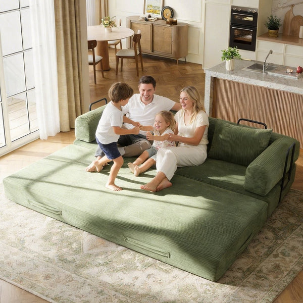 English Elm 78 Inch Corduroy Convertible Sofa Sleeper Futon with Foldable Armrests for Studio Rooms Green W5385P455028