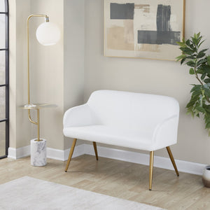 English Elm High Back Faux Leather Two Seat Bench with Matte Steel Frame for Entryway or Bedroom B202P471364