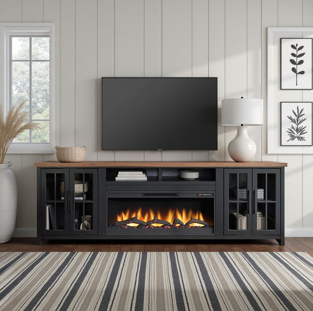 English Elm 97 inch Fireplace TV Stand Console — Two-Tone Black & Whiskey Farmhouse Media Center w/ Fireplace Remote, Cable Management B108P160223