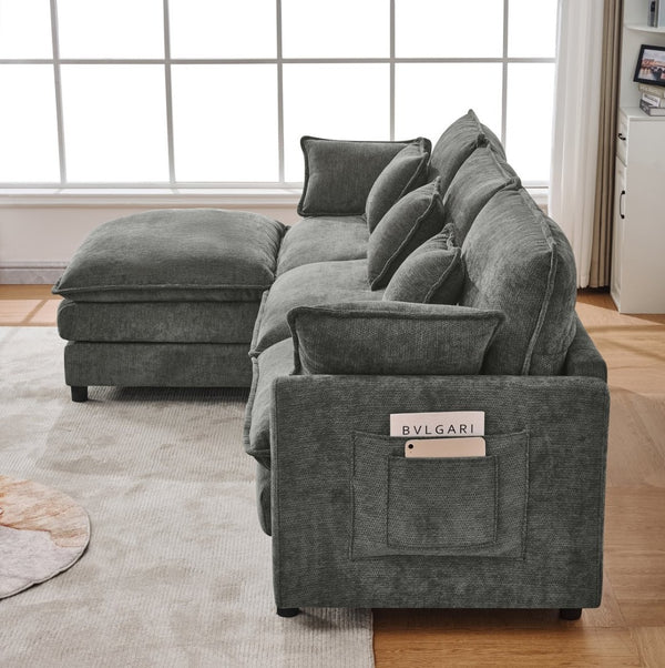English Elm 101.9-inch Chenille Modular Sofa with Movable Footstool for Living Room Comfort W288S00033