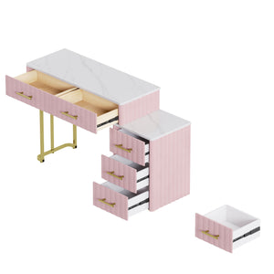 English Elm Velvet Upholstered Vanity Desk Set with Marble-Look Top, Padded Chair, 5 Spacious Drawers & Gold Accents Pink 17.5 L x 16.3 W x 16.1 H N733S272606H