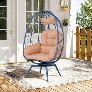English Elm Oversized Swivel Rattan Egg Chair with Plush Cushions for Patio or Living Room T5880P501006