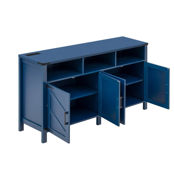 English Elm U_style 59 Inch Sideboard Buffet with Built in Power Outlets Open Cubbies Metal Accents Navy Blue N711P347407V