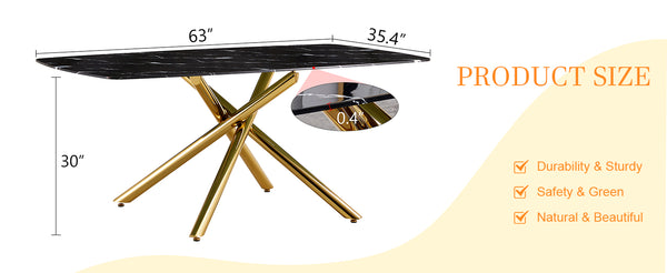 English Elm 63"x35.4" Luxurious Marble-Patterned Tempered Glass Dining Table with Gold Fork Legs, Scratch-Resistant Elegance Black+Gold W1151S03298