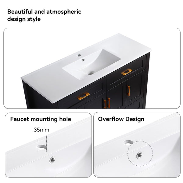 English Elm 48" Matte Black Bathroom Vanity with Ceramic Basin 8 Soft Close Storage Doors Drawers W3133S00004