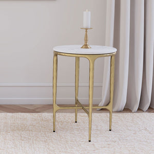 English Elm Prussia Genuine Marble Top Round Side Table with Hand-hammered Gold Steel Base B062P440297