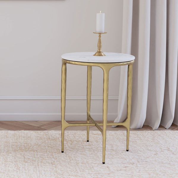 English Elm Prussia Genuine Marble Top Round Side Table with Hand-hammered Gold Steel Base B062P440297